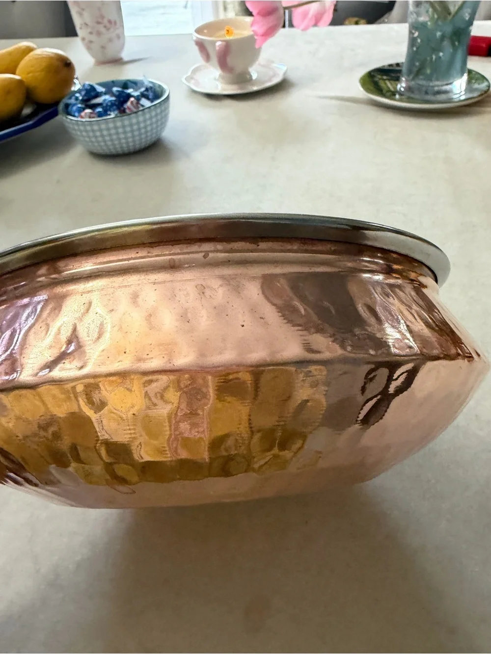 Tera India stainless steel with a hammered copper finish on the exterior